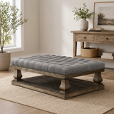 Teak wood upholstered coffee table with tufted fabric top and storage shelf