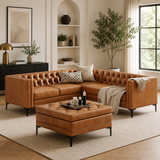 Chesterfield teak wood L-shape leather sofa with matching ottoman