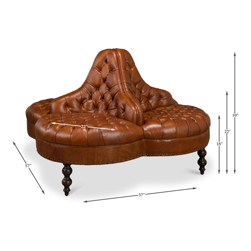 Premium leather tufted loveseat with teak wood frame
