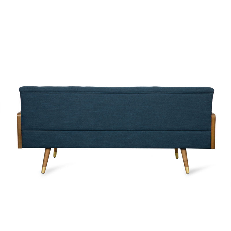 Mid-century teak wood upholstered sofa with wooden arms