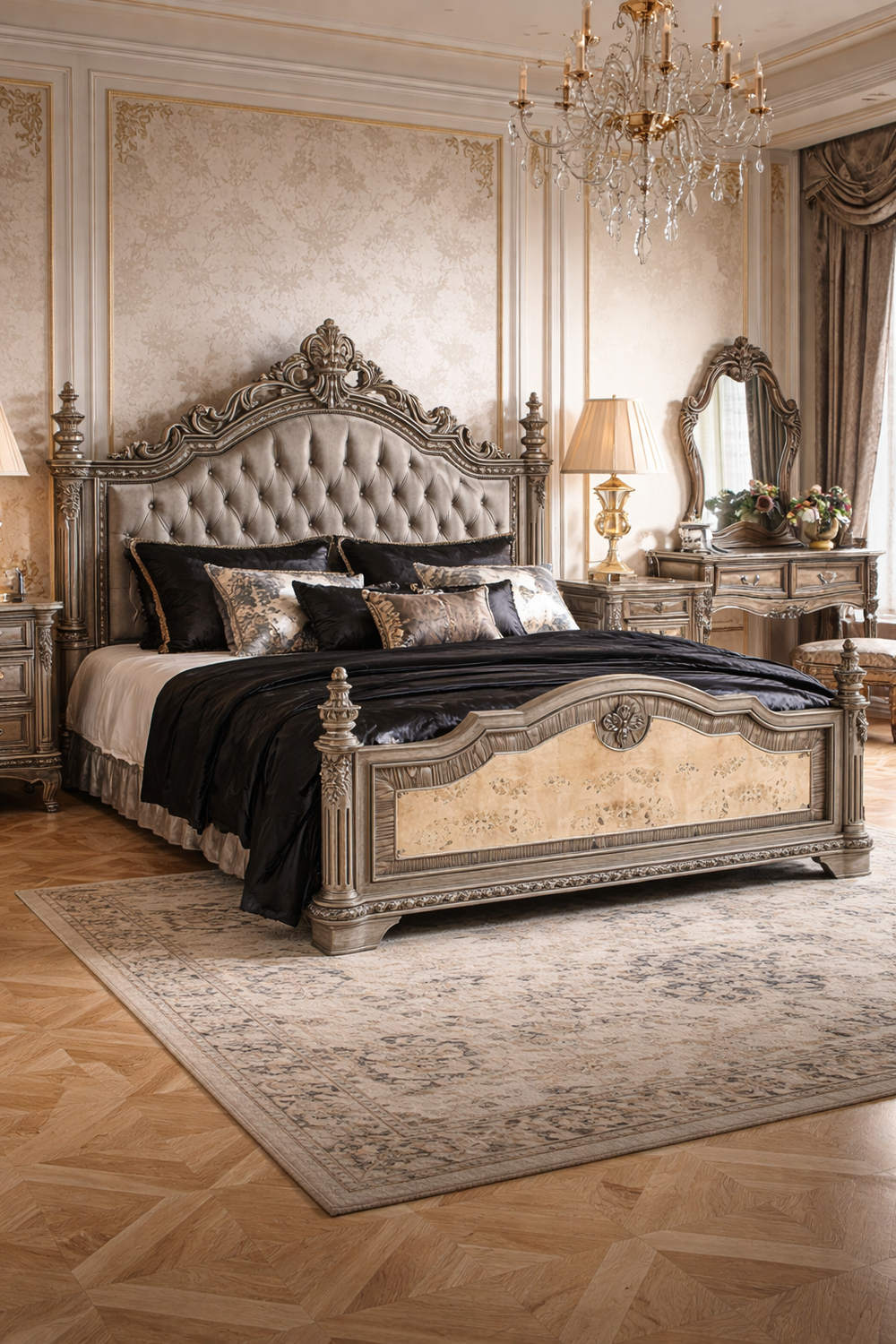 Tufted upholstered headboard carved wooden bed
