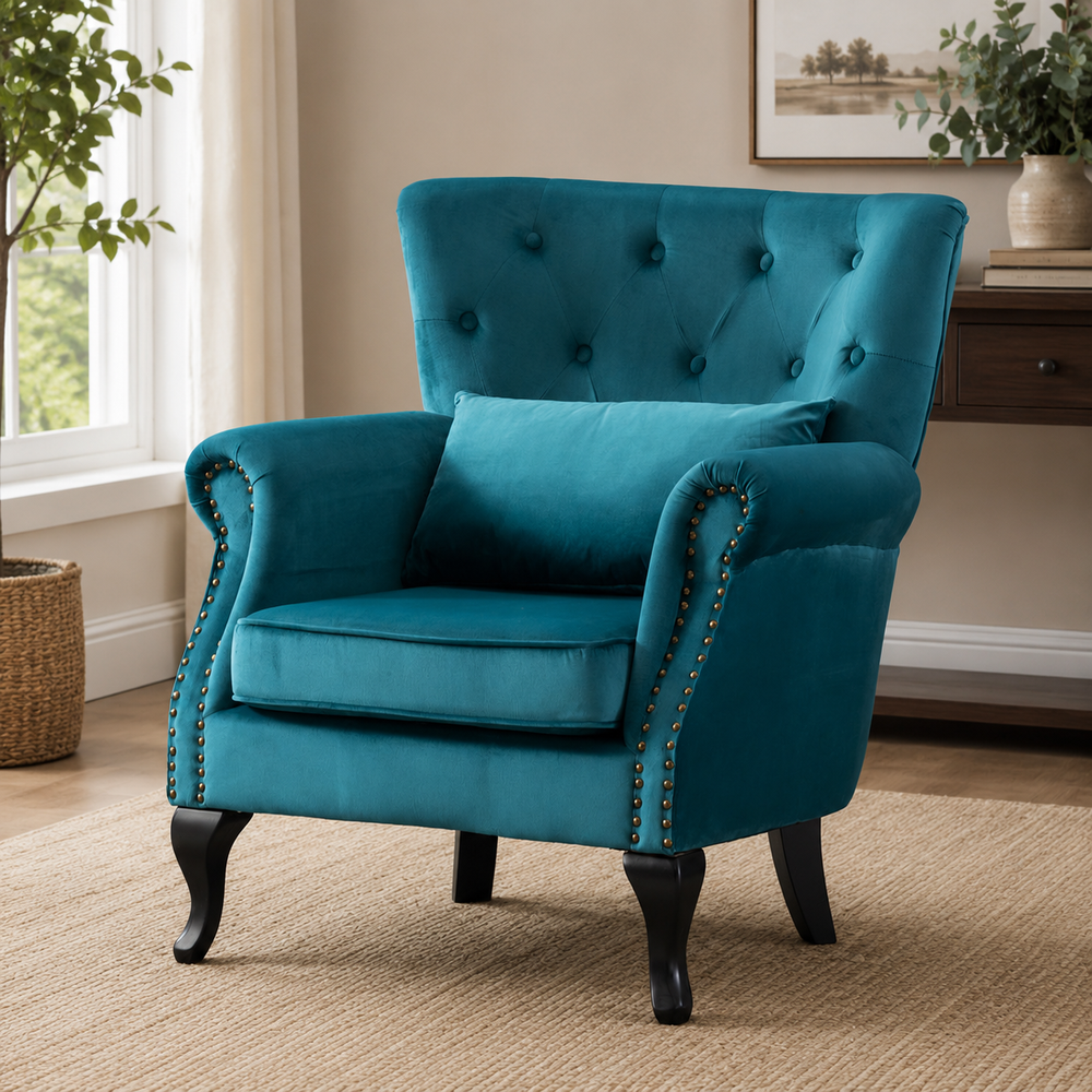 Royal teal velvet wingback accent chair with solid teak wood legs