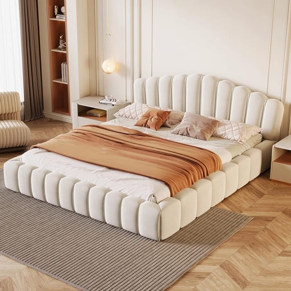 Modern padded headboard platform bed cream