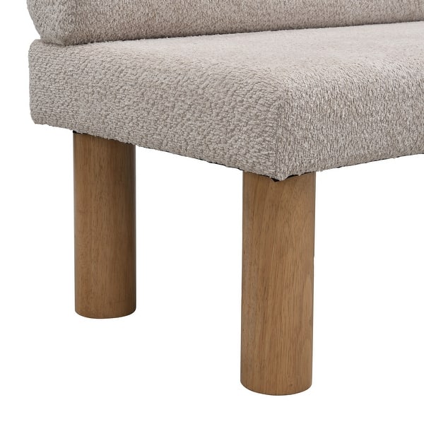 Elegant white fabric dining bench with natural teak wood legs
