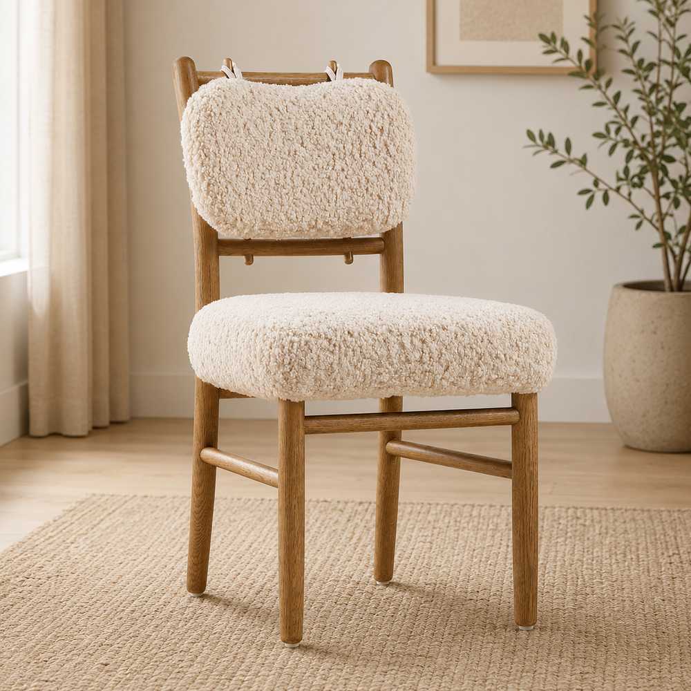 Solid teak wood bouclé dining chair cream upholstery