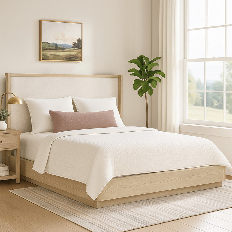 minimalist wood bed frame beige bedroom