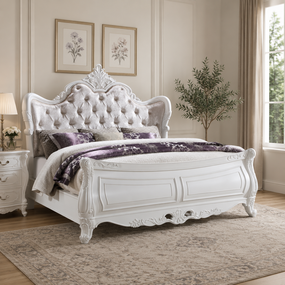 Luxury royal teak wood upholstered bed with carved white frame
