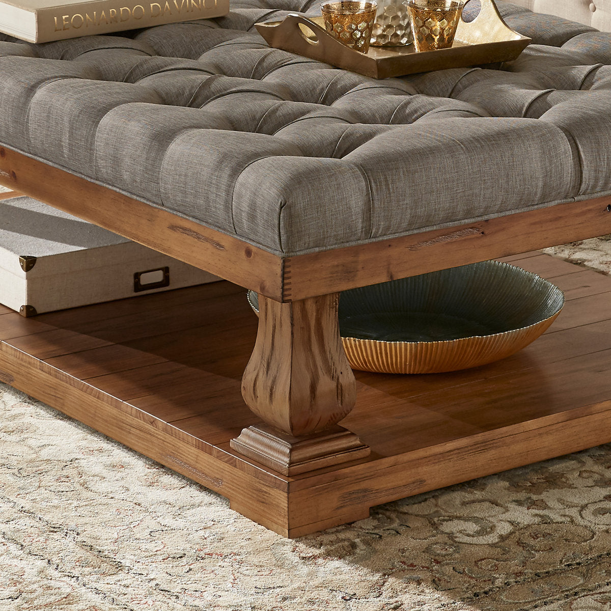 Rectangular teak wood upholstered coffee table for home décor