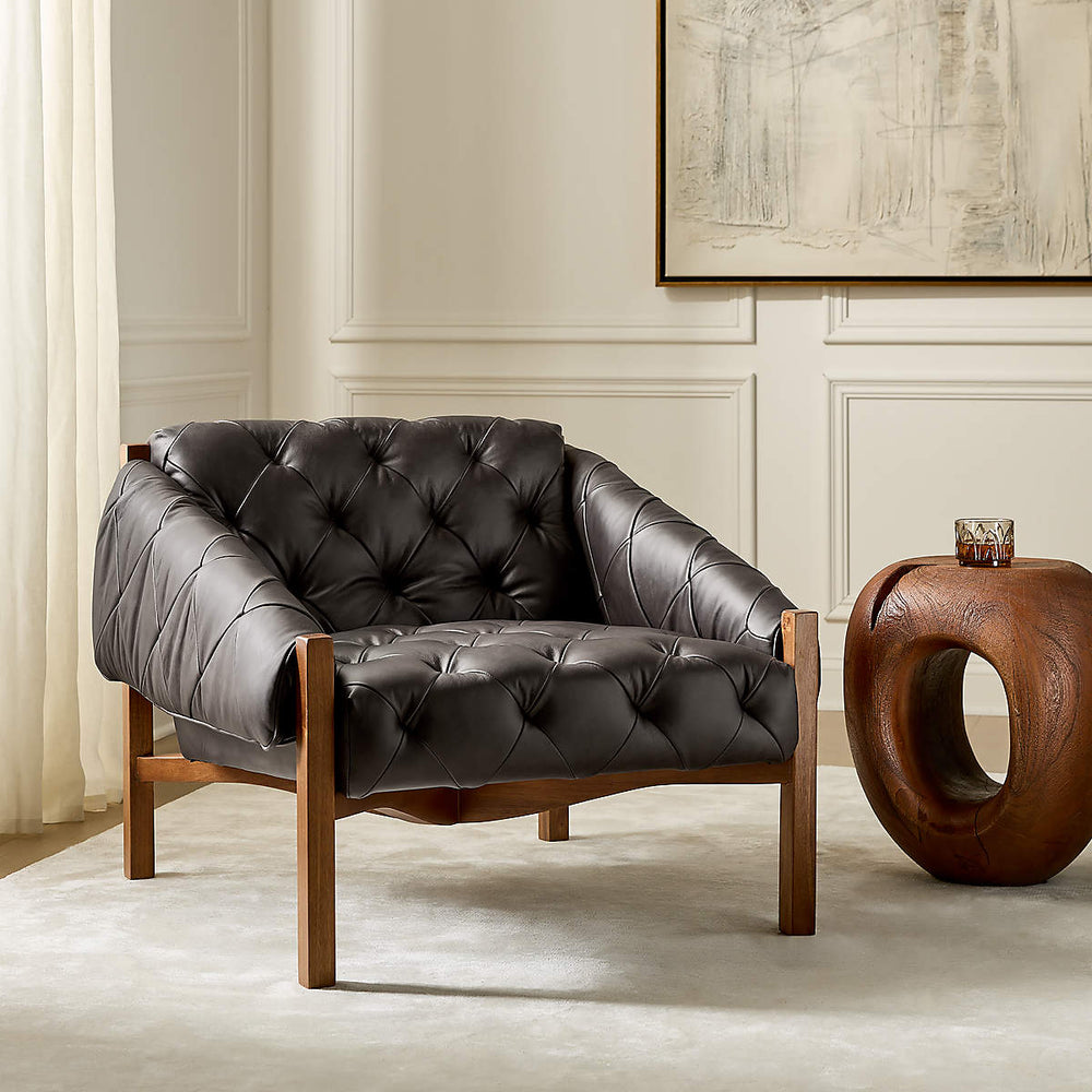 Solid teak wood accent chair with diamond tufted upholstery