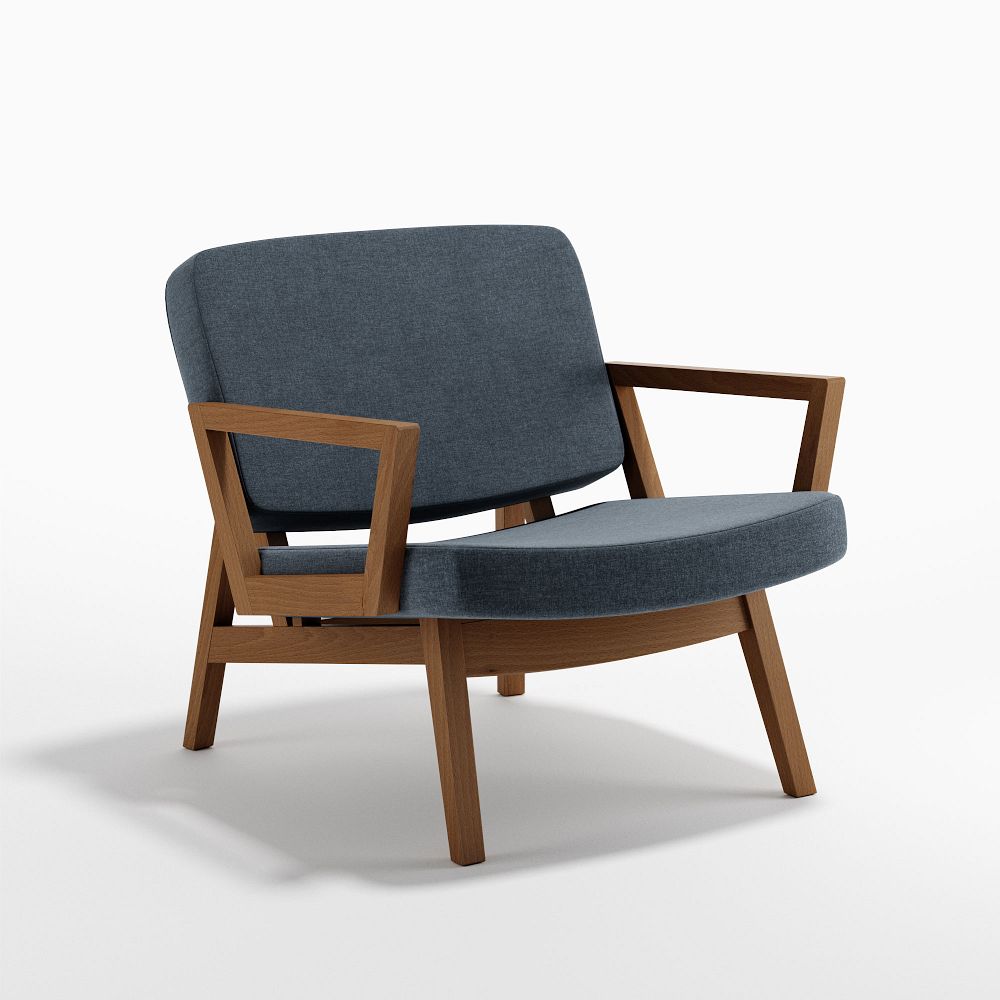 Contemporary upholstered teak wood lounge chair with armrests