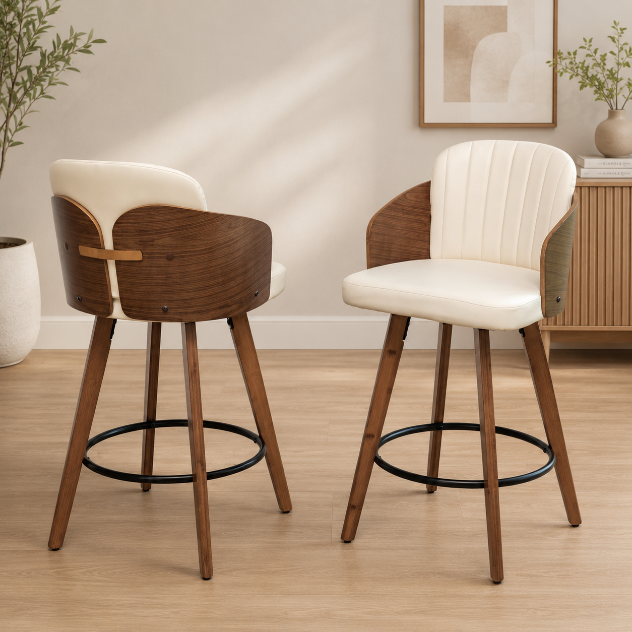 Modern teak wood bar stool chair with cream cushioned seat