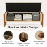 End of bed teak wood storage bench with beige upholstery
