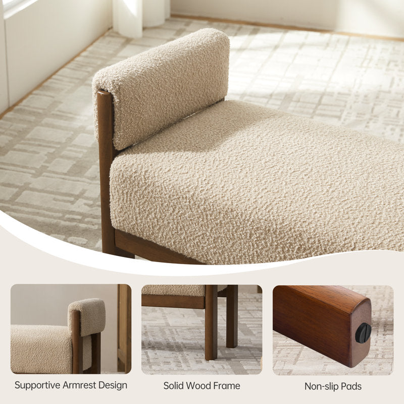 Cream bouclé bedroom bench with teak wood legs