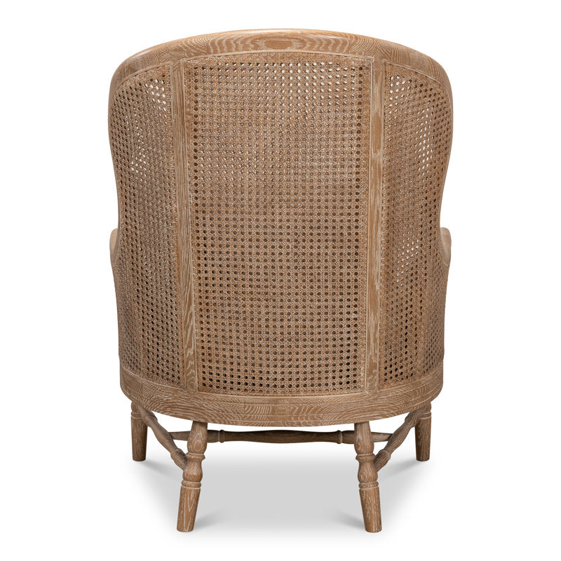 Elegant teak wood armchair with linen seat cushion
