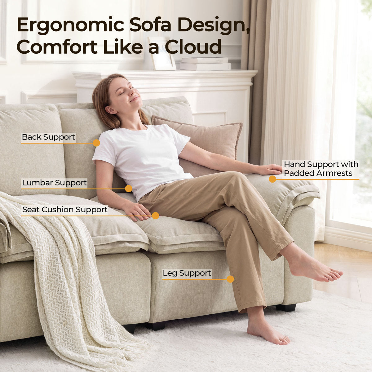 Comfortable fabric couch with teak wood construction