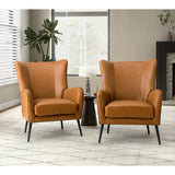 Modern tan leather accent chairs with teak wood frame