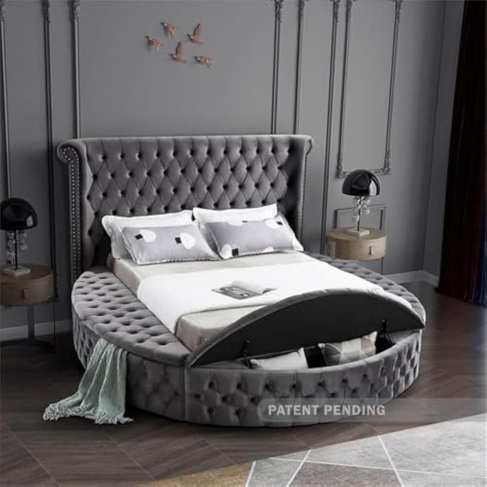 round platform bed with padded headboard

