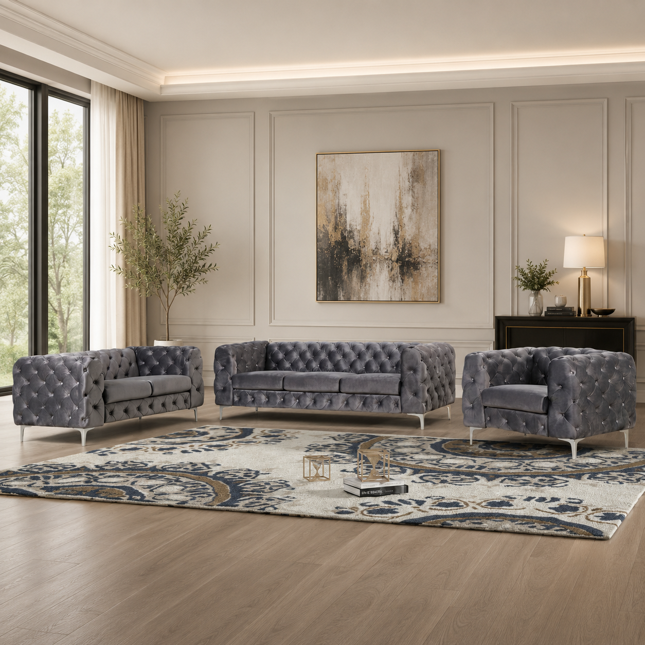 Luxury grey Chesterfield teak wood sofa set for living room