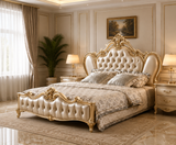 Luxury teak wood carved king size bed in gold finish