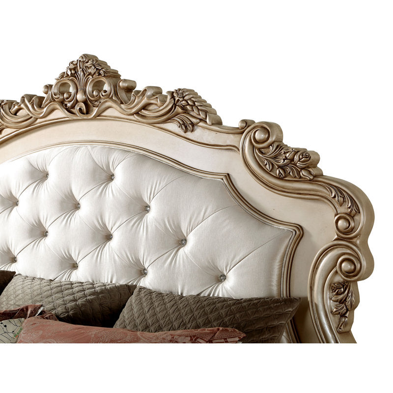 Cream antique finish teak wood bed