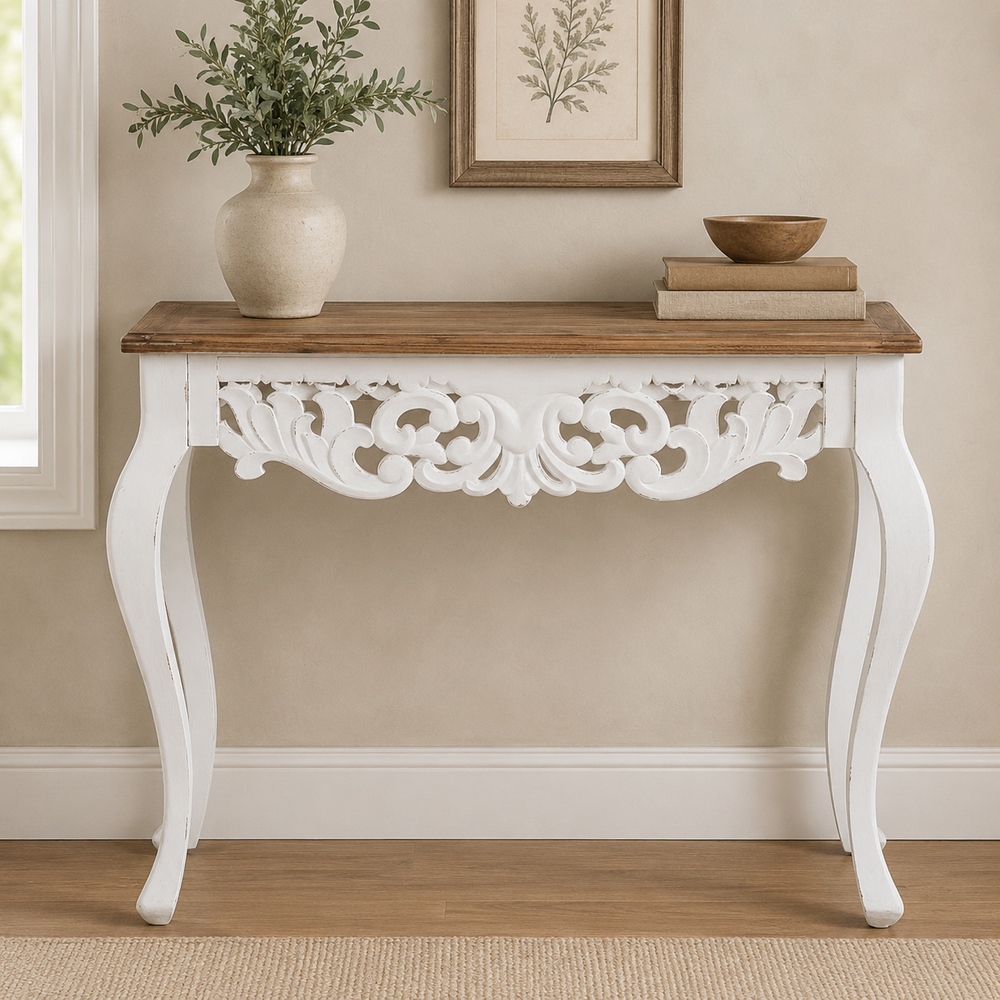 Vintage French style teak wood console table with white carved base