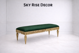 Luxury gold carved wooden bench with green upholstered seat for bedroom seating

