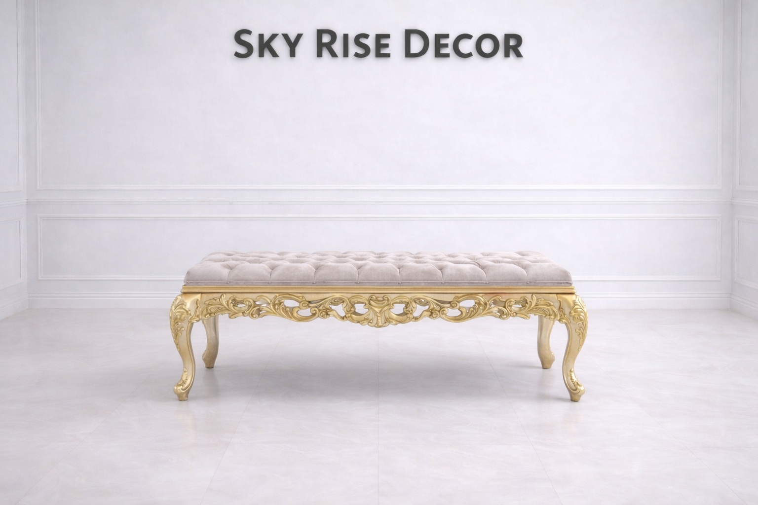 Luxury vintage gold tufted bench with carved wooden frame for bedroom seating
