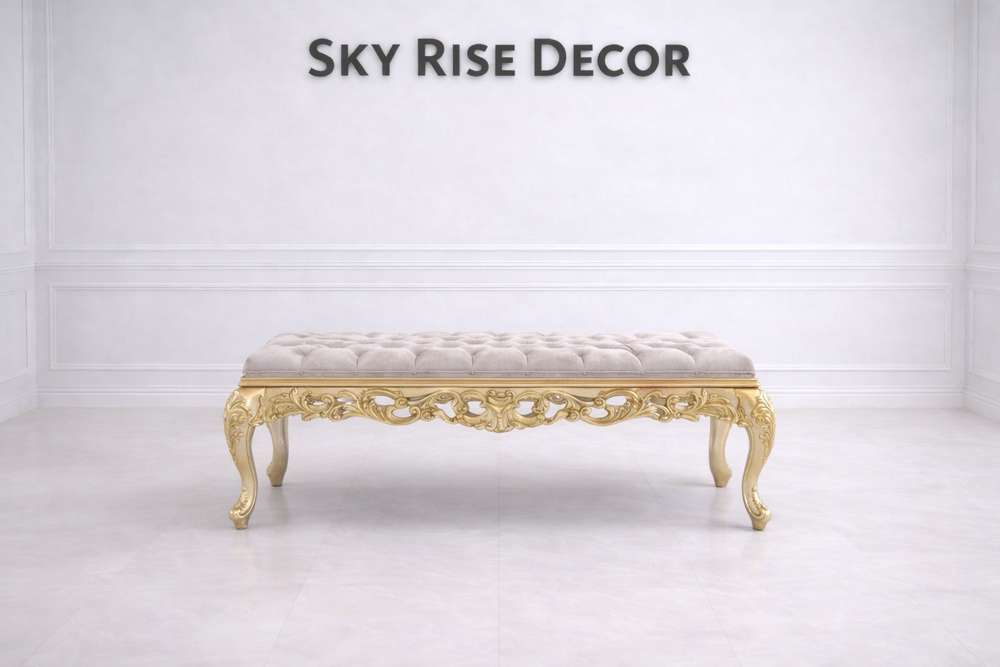 Luxury vintage gold tufted bench with carved wooden frame for bedroom seating
