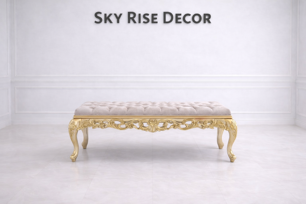 Luxury vintage gold tufted bench with carved wooden frame for bedroom seating
