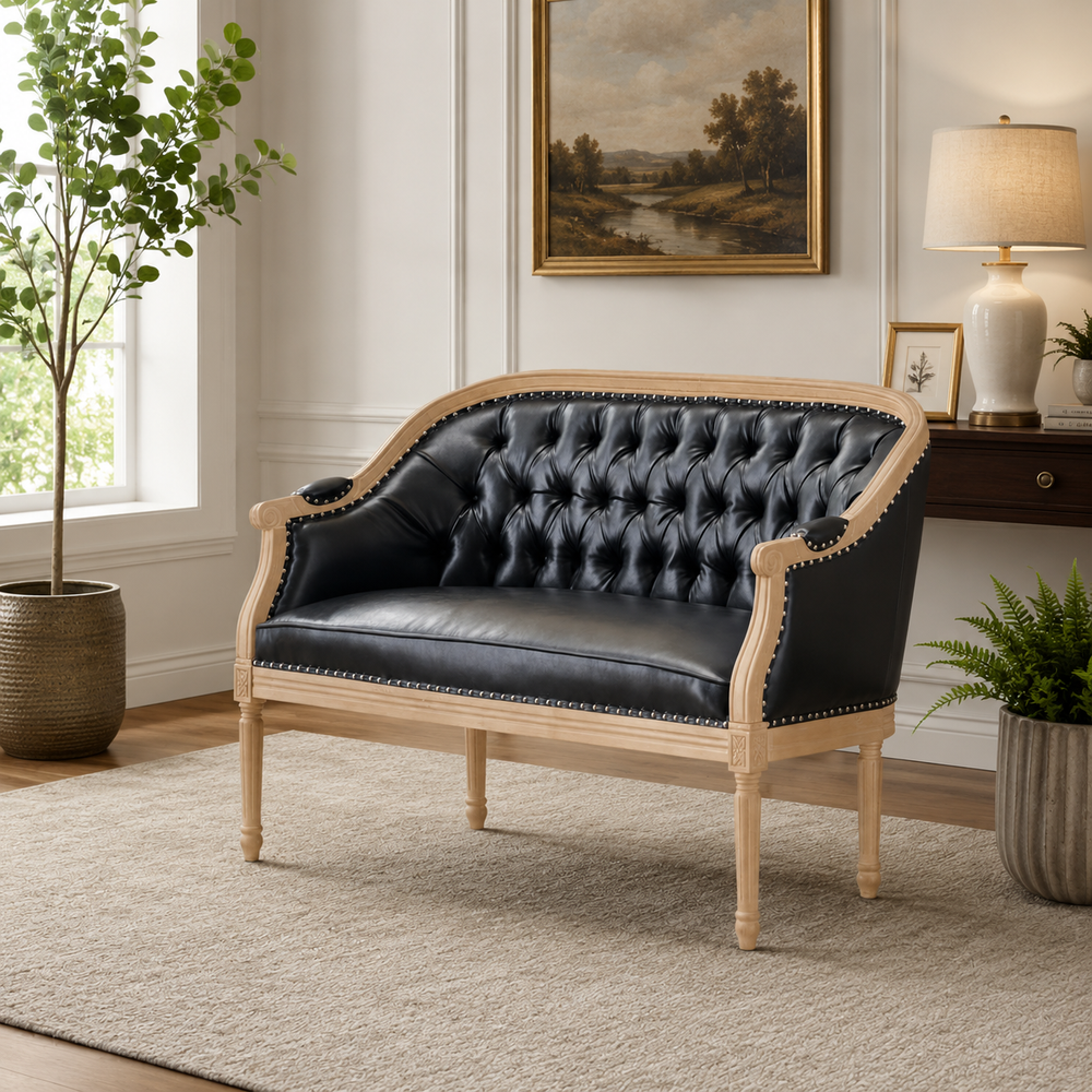 Luxury black tufted teak wood loveseat sofa with curved frame