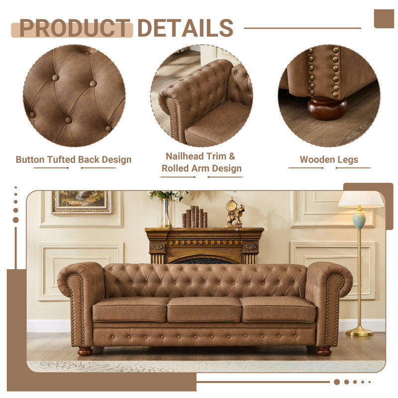 Vintage-style teak wood sofa with plush seating cushions
