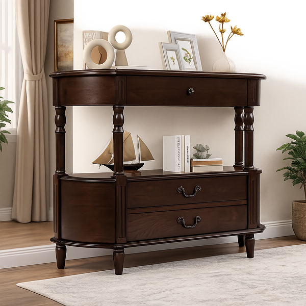 Solid teak wood console table with drawers and open shelf