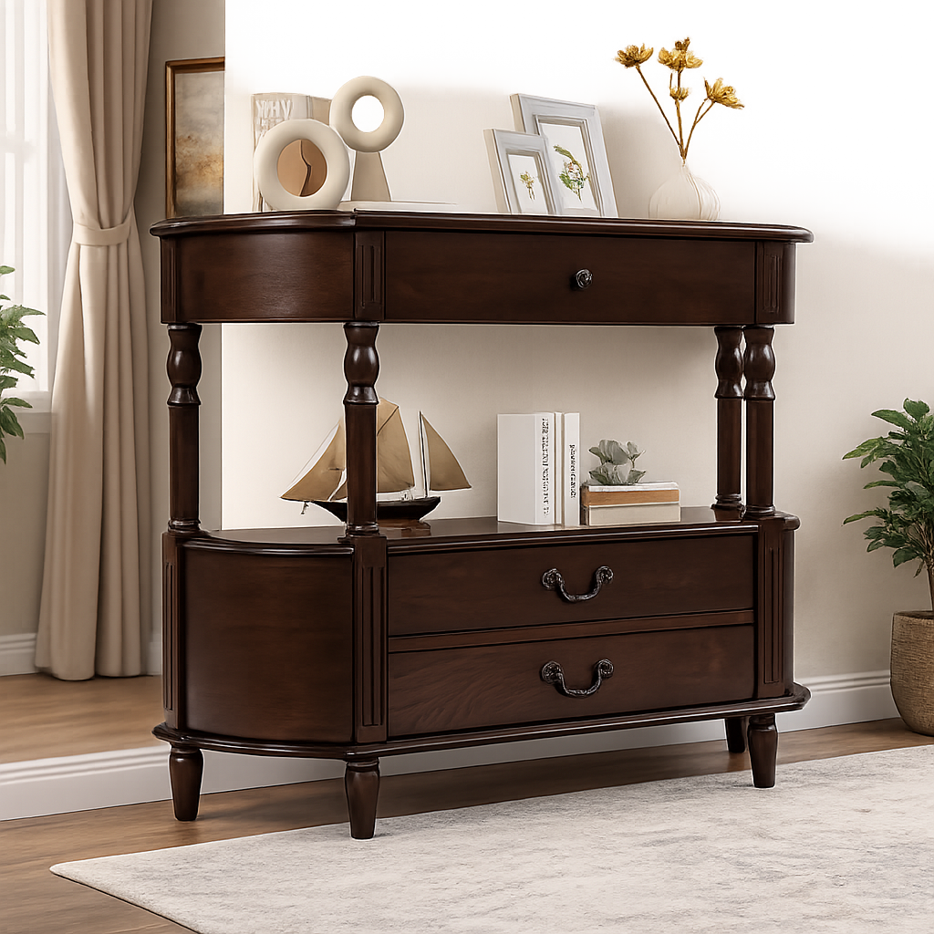 Solid teak wood console table with drawers and open shelf