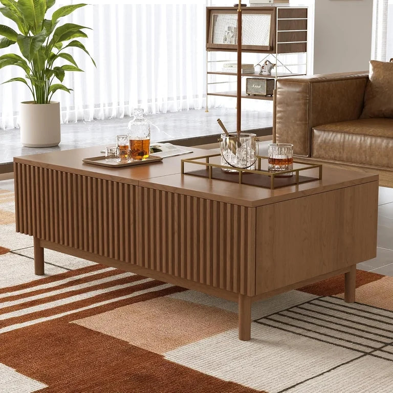 Luxury oval coffee table with fluted wood design for modern living room