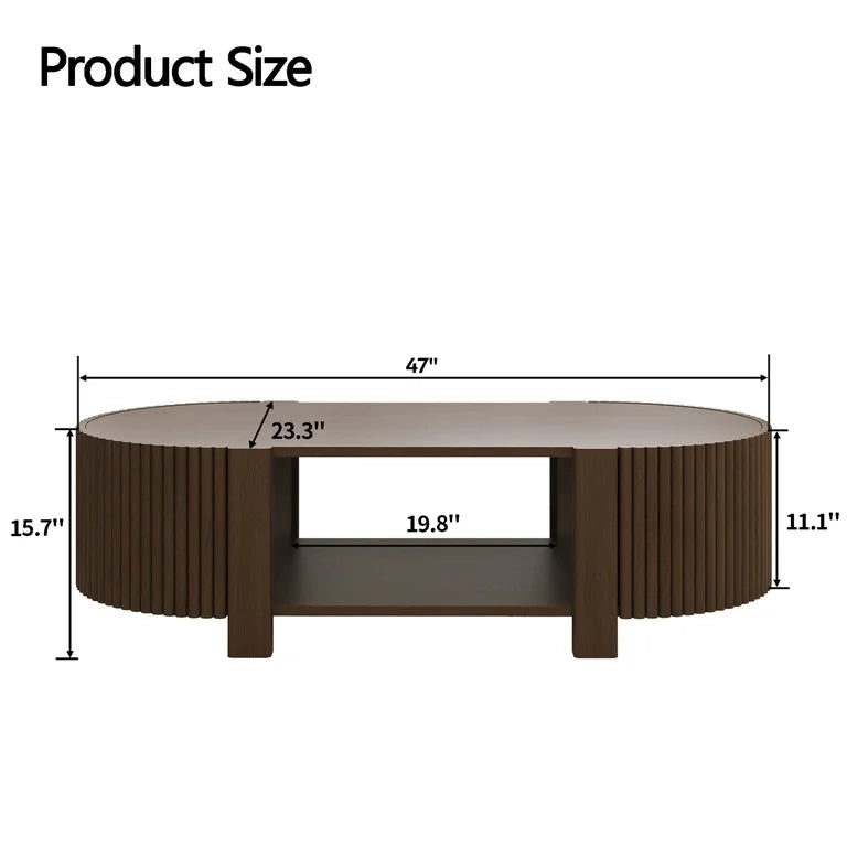 Modern walnut coffee table with ribbed detailing and oval tabletop