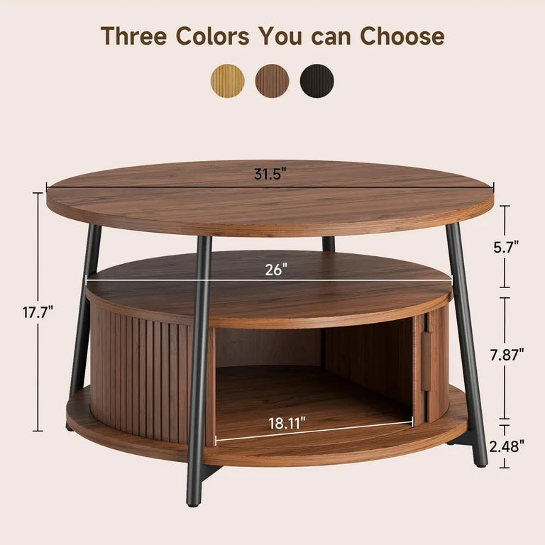 Walnut round coffee table with fluted wood base and shelf