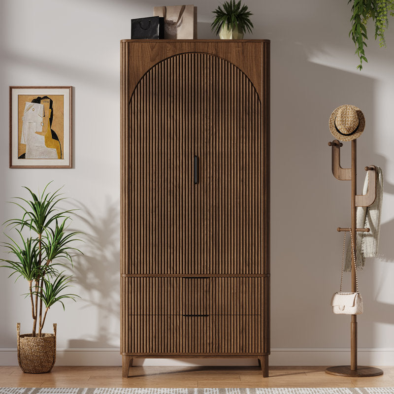 Teak wood fluted wardrobe cabinet with lower drawers
