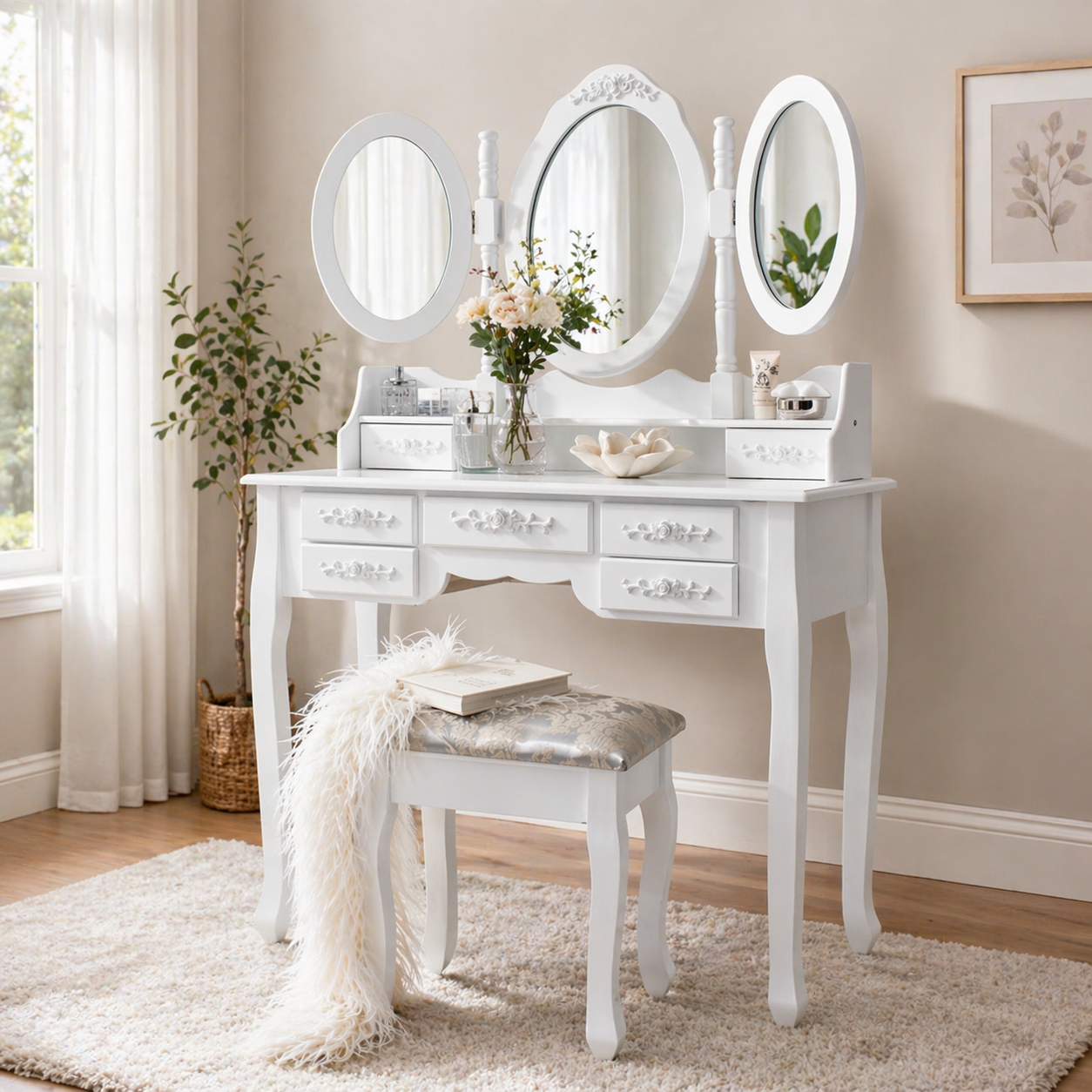 vintage white vanity table with tri fold mirror