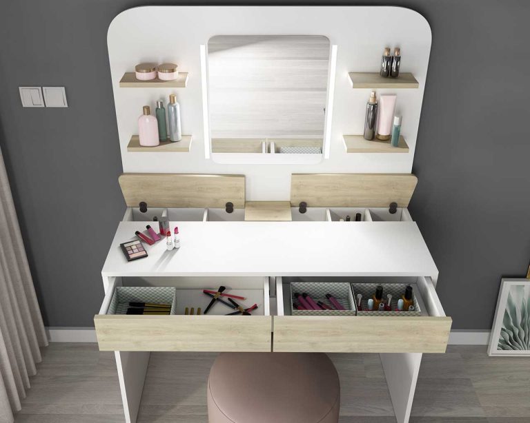 white dressing table with wooden drawers