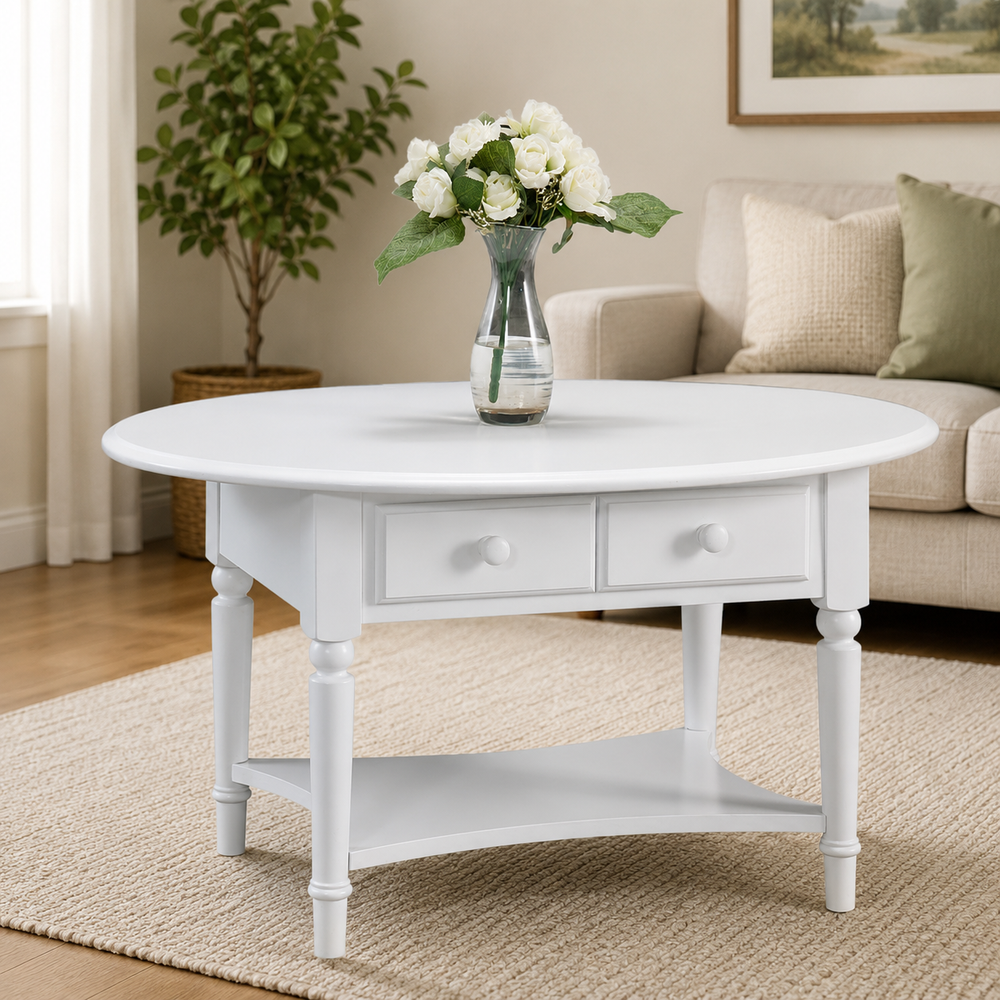 White round solid teak wood coffee table with storage drawers