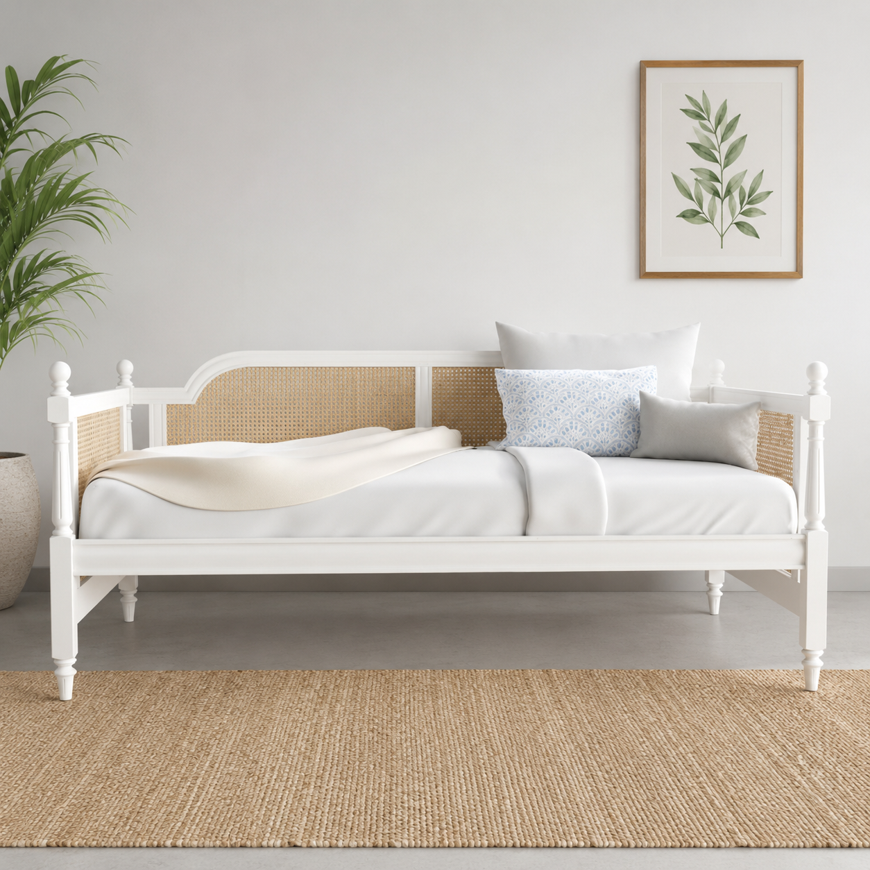 White teak wood cane daybed for modern living room