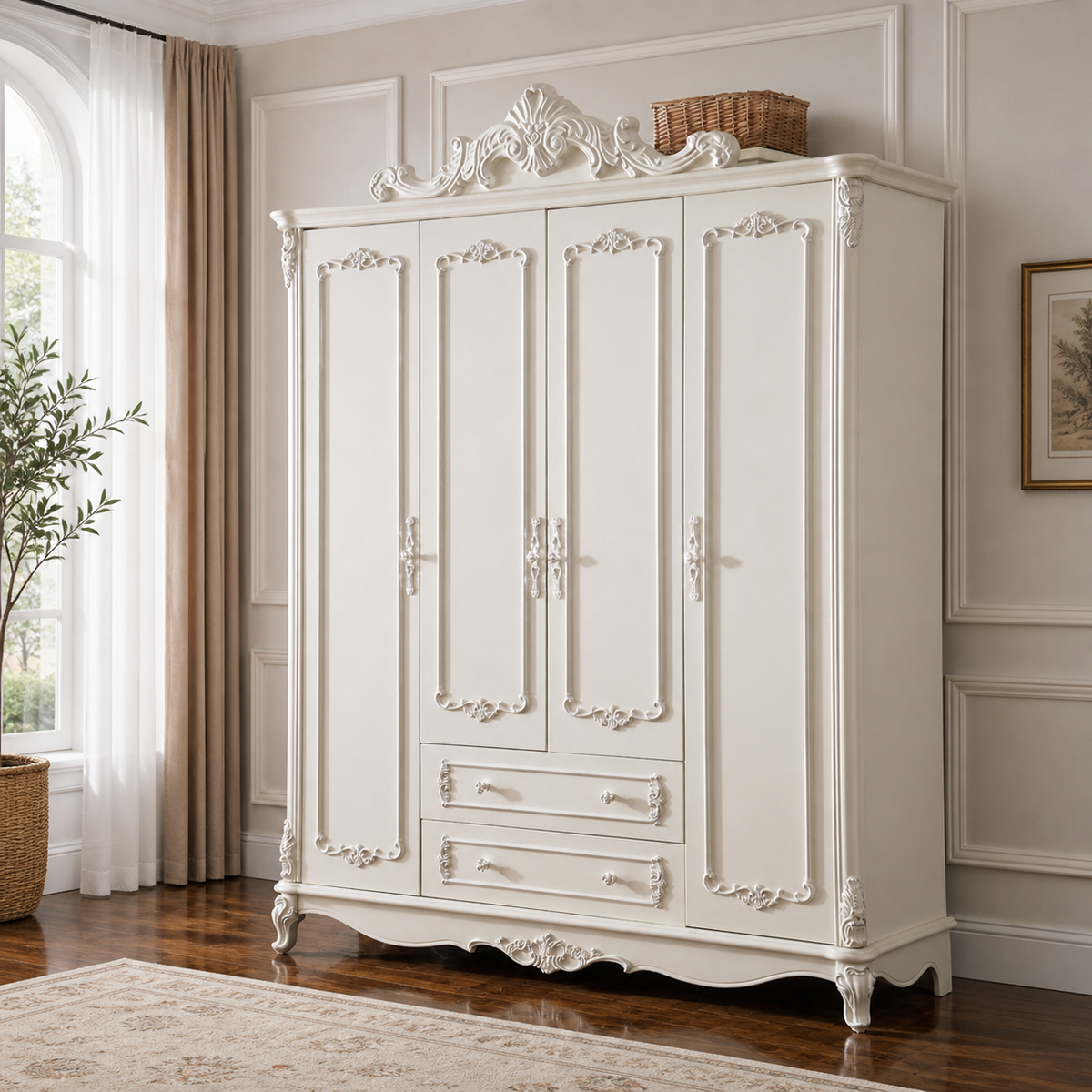 Luxury white teak wood carved wardrobe with 4 doors