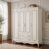 Luxury white teak wood carved wardrobe with 4 doors