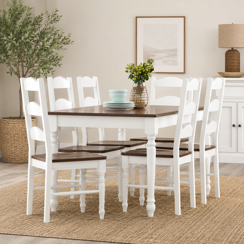 White teak wood 6 seater dining table set with ladder back chairs