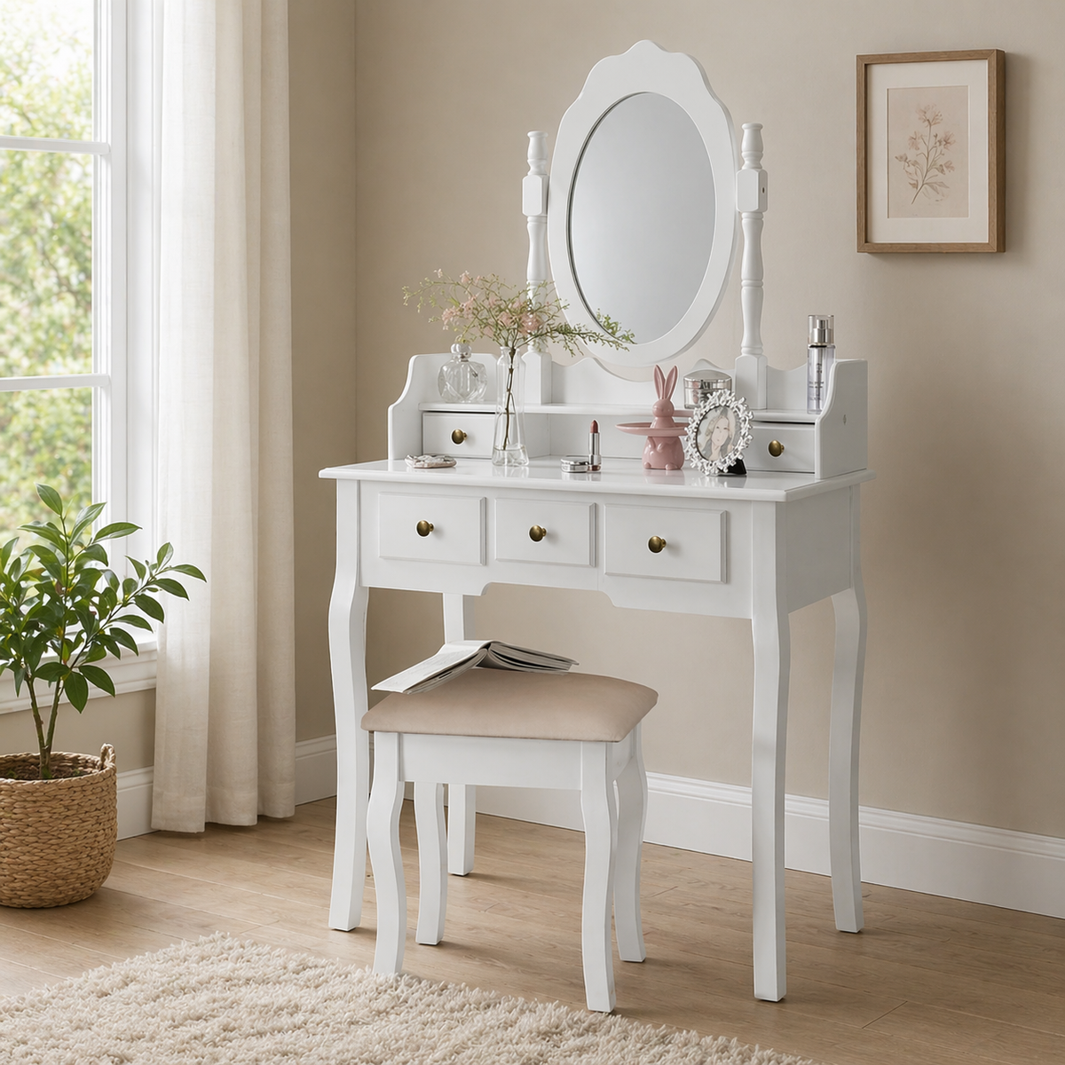 white vanity table with mirror and stool