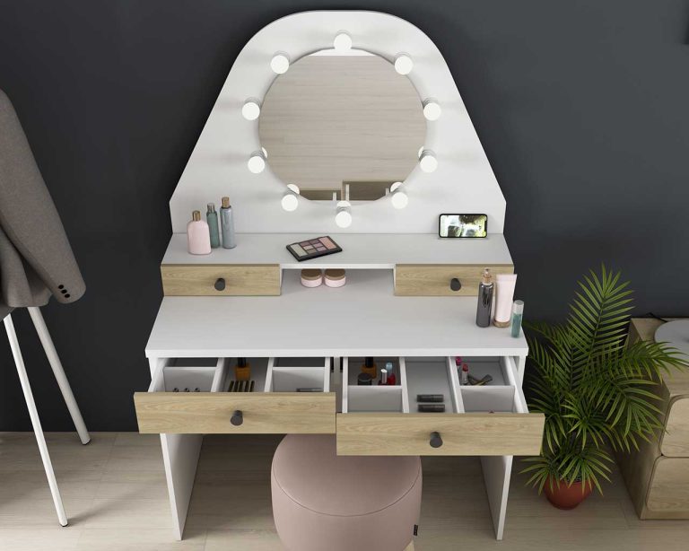 white and wood makeup dressing table with drawers
