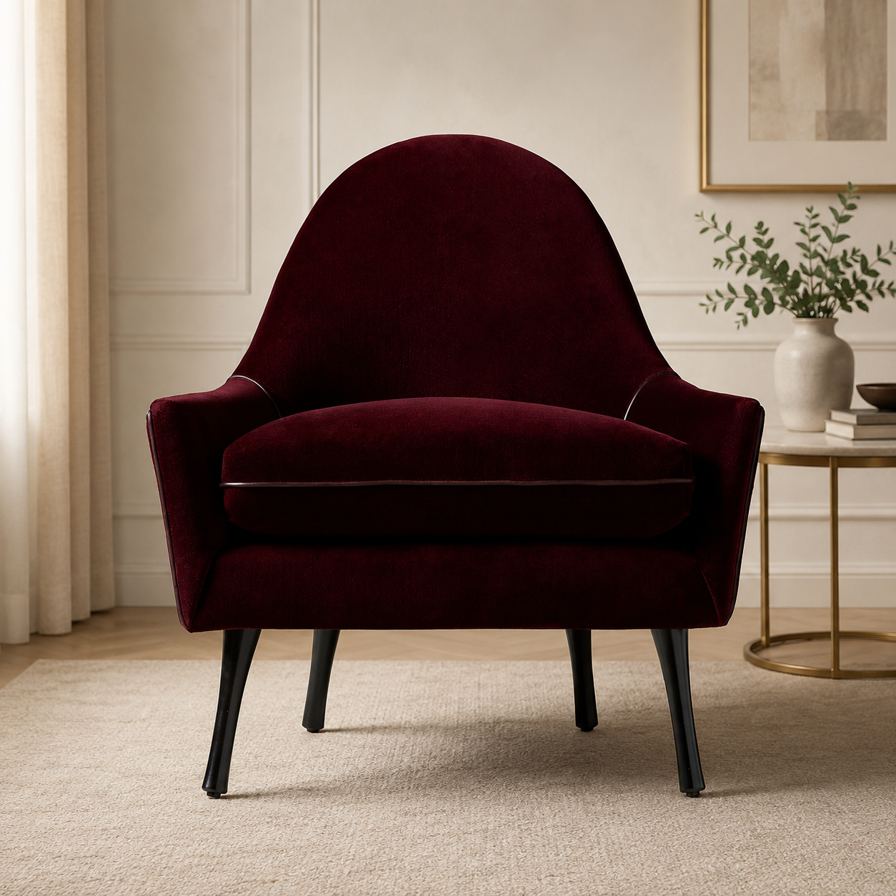Luxury wine red velvet accent chair with teak wood legs