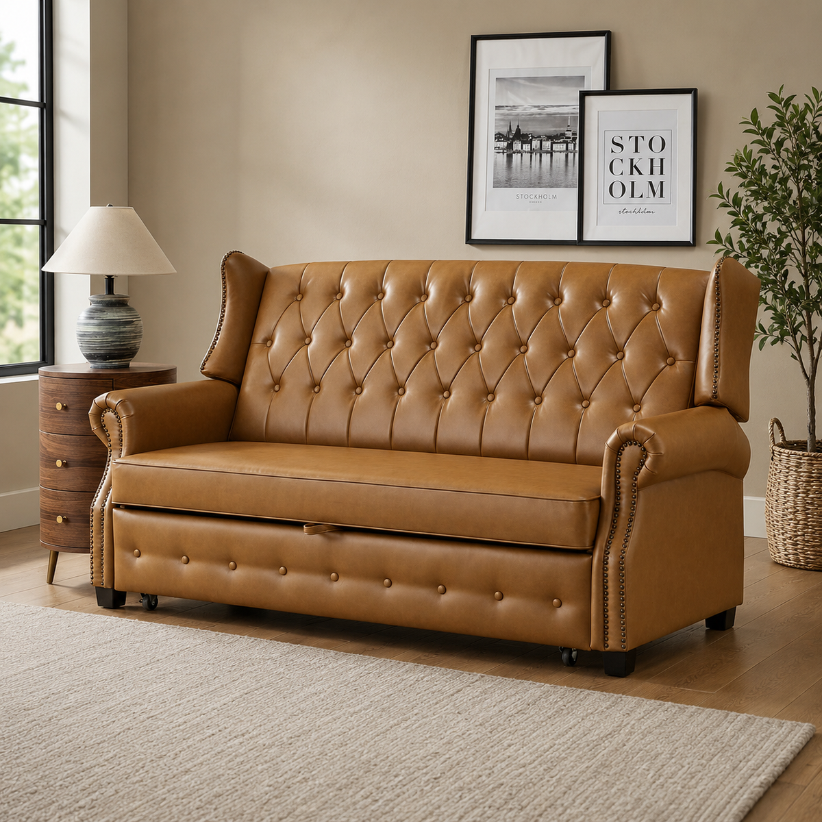 Teak wood Chesterfield storage sofa in caramel brown leatherette