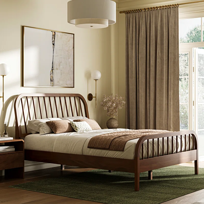 Modern minimalist wooden bed with slatted headboard