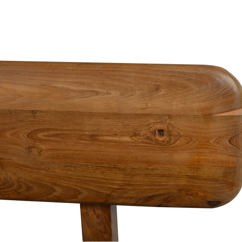 Brown teak wood bench with cushion seat